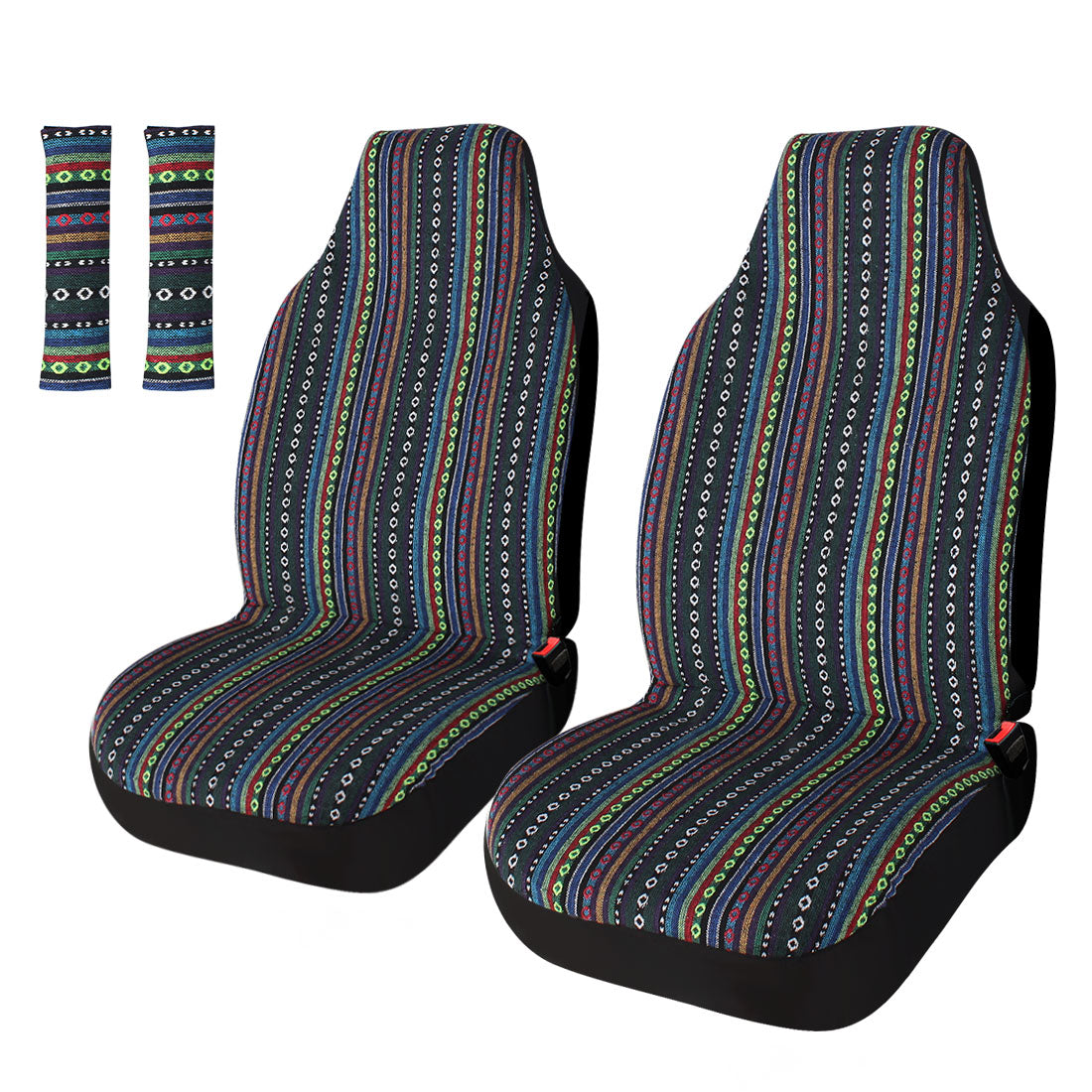 Copap Universal Stripe Colorful 4pc Front Seat Covers Saddle Blanket Baja  Bucket Seat Cover with Seat-Belt Pad Protectors